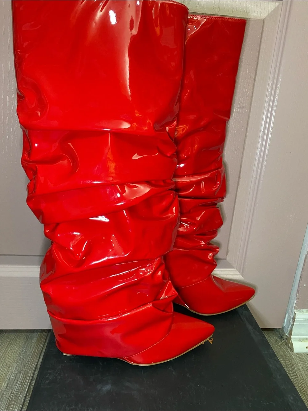 Red Patent Over-the-Knee Slouch Boots